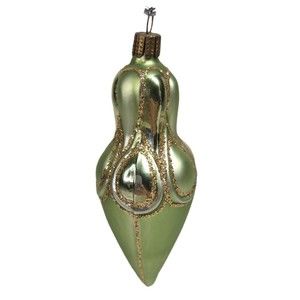 VINTAGE Green Gold Glitter Long Blown Glass Teardrop GERMAN Christmas Ornament